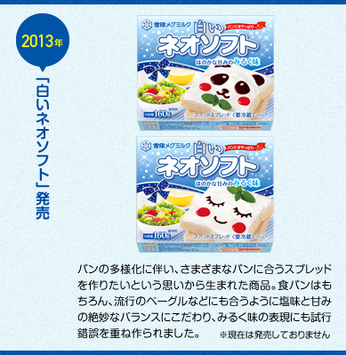 「白いネオソフト」発売 パンの多様化に伴い、さまざまなパンに合うスプレッドを作りたいという思いから生まれた商品。食パンはもちろん、流行のベーグルなどにも合うように塩味と甘みの絶妙なバランスにこだわり、みるく味の表現にも試行錯誤を重ね作られました。
